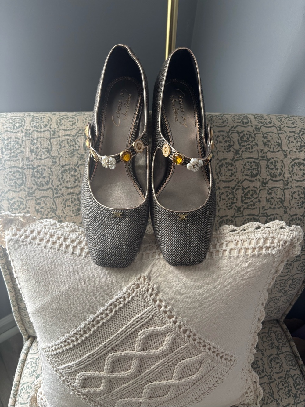 Sam Edelman Gray Herringbone Mary Jane Block Heels with Jewel Buttons - Picture 3 of 4